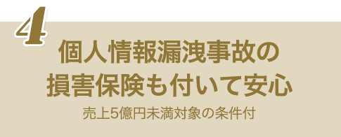 個人情報漏洩事故の損害保険も付いて安心　売上5億円未満対象の条件付